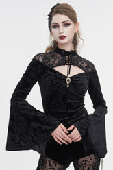 Chemise gothique pour femme en dentelle noire avec découpe, col rond, manches évasées et motif floral embossé